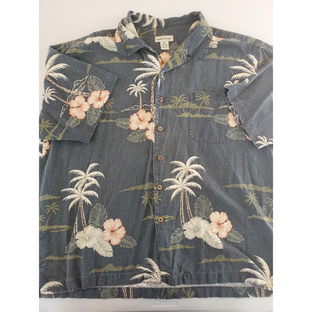 Portofino Mens XXL Blue Tropical Palm Tree Hibiscus Linen Rayon Hawaiian Shirt
